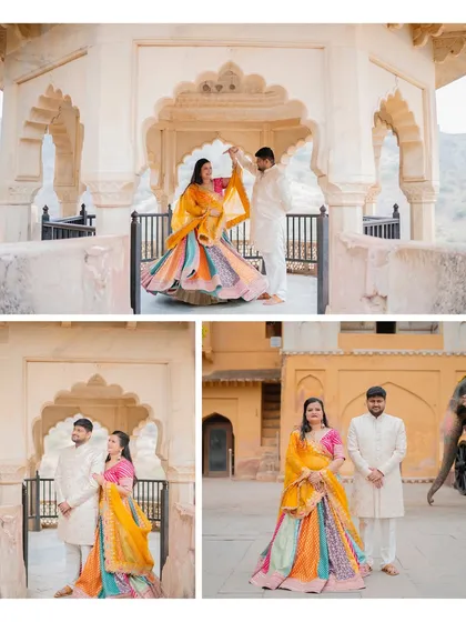 A collage from Aditya and Pallavi's shoot at Amer Fort, featuring a playful twirl in a colorful lehenga and a pose with an elephant.