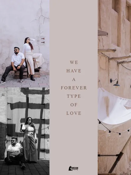 A stylish collage from a Dubai shoot, blending color and black-and-white images to tell a story of modern love in a rustic, old-world setting.
