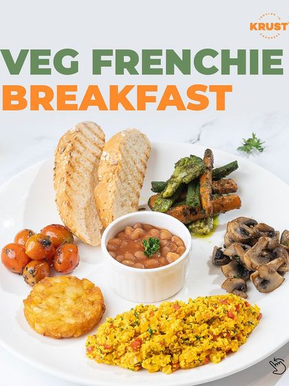 Our Veg Frenchie Breakfast is a delicious and satisfying way to start your day, featuring scrambled paneer, sautéed mushrooms, and grilled toast.