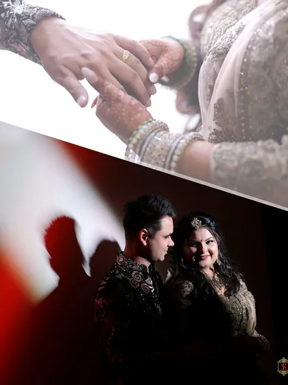 A collage combining a close-up of the ring exchange with a dramatic, shadowy portrait of the couple.