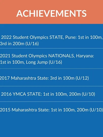 A list of Yuv Vora's incredible achievements, from state championships to national student olympics. His success in sprints and long jump serves as an inspiration to all our athletes.