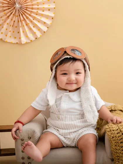 Our little pilot is all smiles, sitting comfortably in his mini armchair, ready for his next flight of imagination.