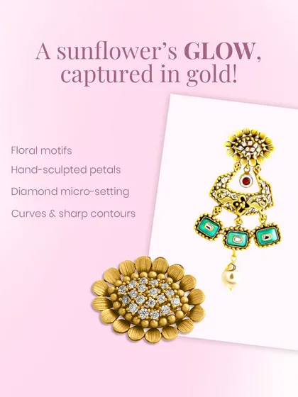 Inspired by the sunflower, these matte gold pieces are crafted with hand-sculpted petals and diamond micro-settings that capture the sun’s glow. This is wearable sunshine.