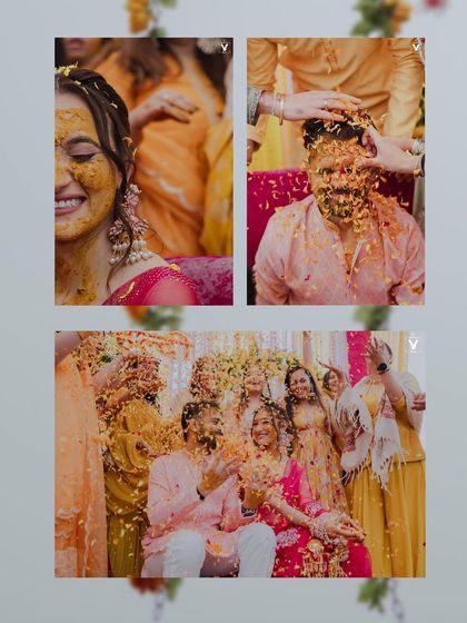 A collage of the haldi ceremony, showing the bride and groom getting playfully covered in turmeric and flower petals. These images are all about fun, laughter, and celebration.