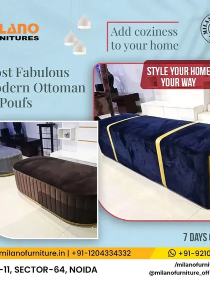 This image shows our modern and fabulous ottomans and poufs. The blue velvet bench with gold accents is a great way to add extra seating and a touch of luxury.