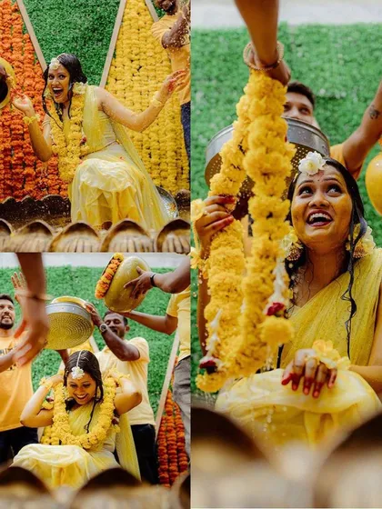 This collage shows the complete fun of a Haldi celebration. We created a full setup with a marigold wall and a traditional Urli, perfect for capturing these energetic and happy moments.