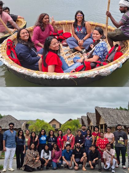 A collage from our Hampi adventure, featuring a coracle ride and a group photo at our comfortable, rustic-themed stay.