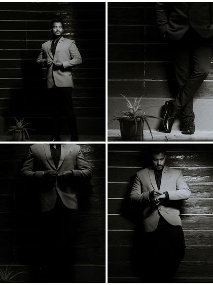 A moody black and white collage of the groom during the Sangeet. The dramatic shadows and thoughtful poses create a cinematic and stylish series of photos.