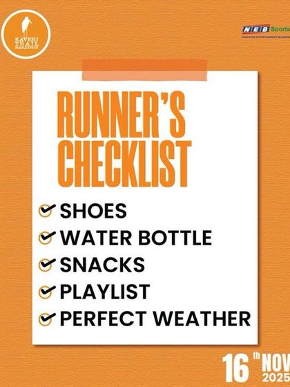 The ultimate runner's checklist. Shoes, water, snacks, playlist, and perfect weather. We handle the course, you handle the prep.