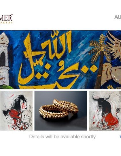 An upcoming auction announcement, giving a sneak peek of the modern Indian art and royal jewelry on offer, including a significant work by M.F. Husain and antique twisted bangles.