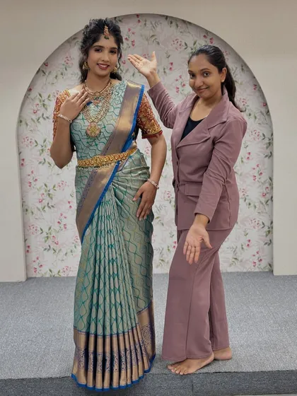 Me with a model from my workshop, showcasing the final look. It’s a joy to teach this art form and see the beautiful results on display.