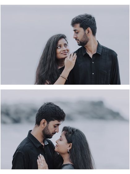 A collage of a couple in black outfits sharing intimate moments against a minimalist, moody backdrop.