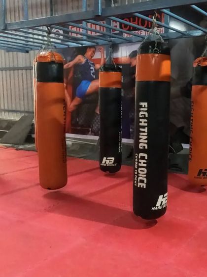 A lineup of our heavy bags at the Sector 141 club. We have a variety of bags to suit different types of training, from boxing to Muay Thai.