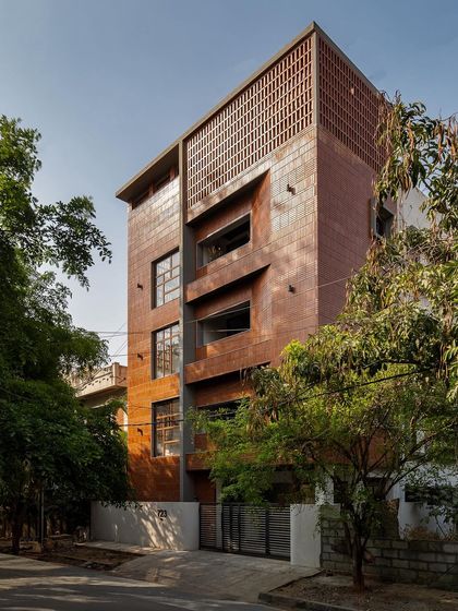 The full facade of Project 723, a residential building in Bangalore. I used linear bricks in different bonds to create a textured, modern exterior that stands out in its urban context.