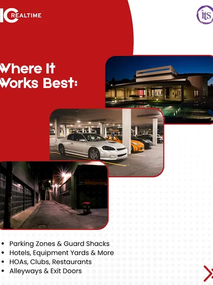 Our advanced night vision cameras are effective in a variety of settings. This image shows ideal applications, including residential exteriors, commercial parking zones, dark alleyways, and hospitality venues like hotels and restaurants.
