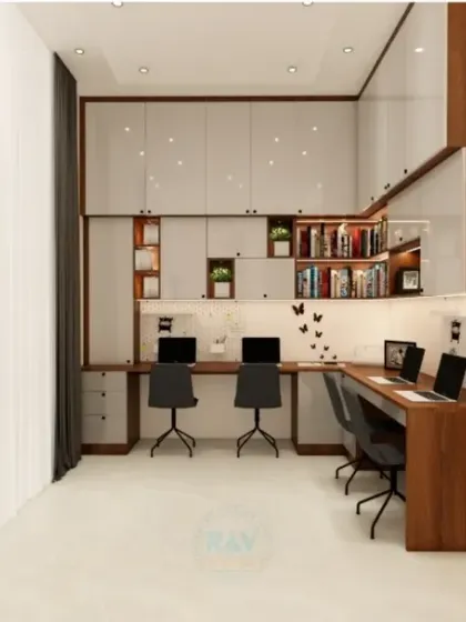 A large, L-shaped study and storage unit, providing ample space for books, files, and multiple workstations.