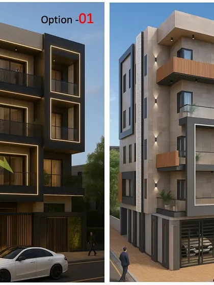 We always provide clients with choices. Here are two distinct elevation options for the same building: one with bold, dark frames for a dramatic look, and another with lighter tones and wood accents for a warmer feel.