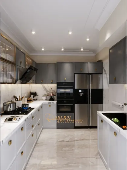 A sleek and modern U-shaped kitchen featuring a two-tone design with white and grey cabinets, marble flooring, and integrated appliances for a clean, seamless look.