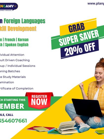 Grab our super saver 20% discount on language courses. We offer result-driven coaching in German, French, Korean, Spanish, and Spoken English with new batches starting in December.