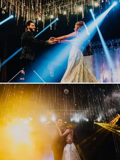 Dramatic stage lighting and a romantic dance. A collage showing the grand performances at Ankita and Hilesh's Sangeet.