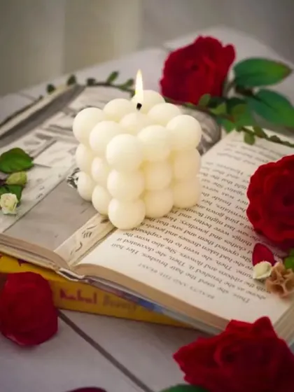 My trendy bubble candles are perfect for adding a modern touch to your decor. Here, it creates a beautiful, soft glow for a quiet evening of reading.