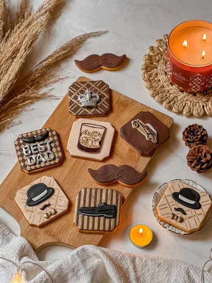 My collector's cookie box for Father's Day, featuring seven elegantly decorated vanilla butter cookies with themes he loves. Designs include vintage cars, whiskey glasses, and crowns.