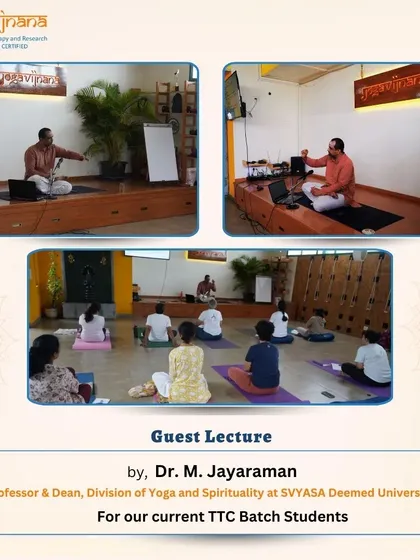 A core part of our curriculum involves learning from masters in the field. It was an honor to host Dr. M. Jayaraman from SVYASA University for a guest lecture on the Yoga Sutras, providing our TTC students with deep, scholarly insights.