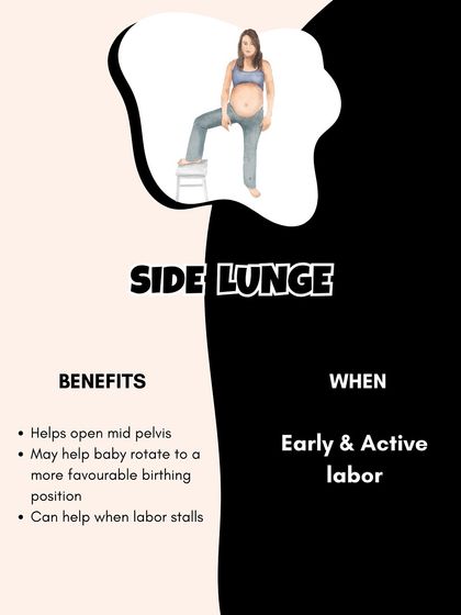 Side lunges are particularly useful during early and active labor to help open the mid-pelvis and rotate the baby.