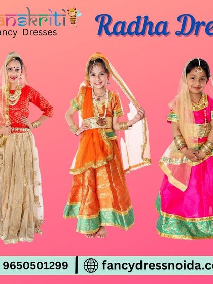 Find the perfect Radha dress for your daughter from my collection. I have beautiful lehenga choli sets in orange, pink, and cream, all designed with traditional details for an authentic look.