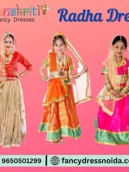 Find the perfect Radha dress for your daughter from my collection. I have beautiful lehenga choli sets in orange, pink, and cream, all designed with traditional details for an authentic look.