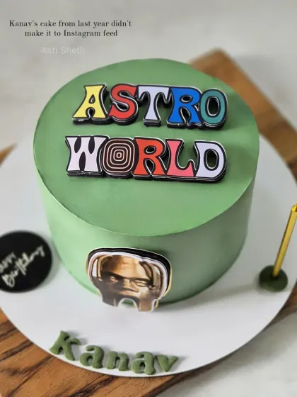 An Astroworld-themed cake with bold, colourful lettering and a cool, modern vibe for a fan.