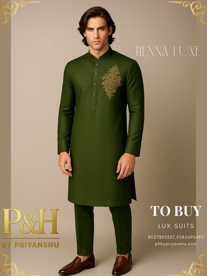 A classic olive green kurta set, elevated with a beautifully detailed hand-embroidered motif on the chest. This is a timeless choice for any pre-wedding function.