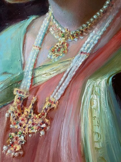 Another close-up of "Adornment," focusing on the texture of the fabric and the expertly rendered jewelry. Oil paints allow for a depth and luminosity that is truly captivating.