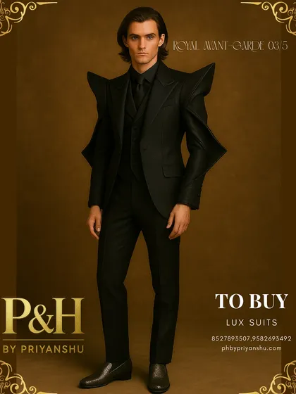 A full-length perspective of the all-black shark-inspired suit. This view showcases its sleek, monolithic silhouette, proving that true power lies in masterful design and a commanding presence.