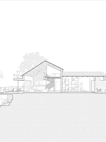 A sectional perspective drawing of the Ranch House, a weekend cabin on the banks of Lake Beze. This graphic representation shows how we plan for composite construction techniques using local labor and materials.