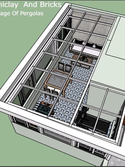 An overhead 3D sketch of a large terrace pergola. This type of schematic helps in the planning phase to determine the structure's footprint and layout of the space underneath.
