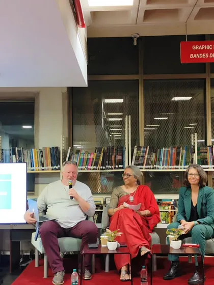 The panel on Quebec Comic Books, set against the backdrop of our library's extensive collection. The space is perfectly suited for intimate literary discussions.