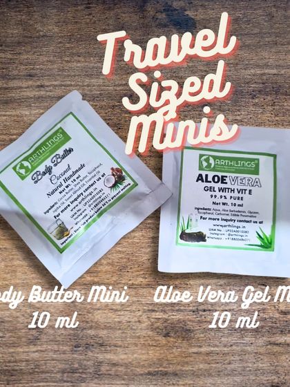 Perfect for your travel bag. Our Body Butter and Aloe Vera Gel now come in convenient 10ml mini pouches. They are easy to carry, so you can keep your skin hydrated and nourished wherever you go.