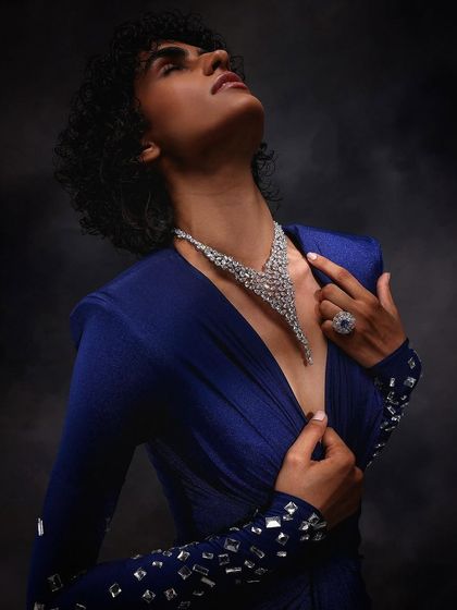 A full portrait showcasing the structural diamond necklace from Purab Paschim, designed for cocktail and reception events.