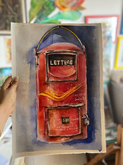 There's a special kind of magic in things that remind us of a simpler time. This commissioned watercolor of a classic red India Post letterbox is one of my most requested subjects, and I love bringing this piece of nostalgia to life for my clients.