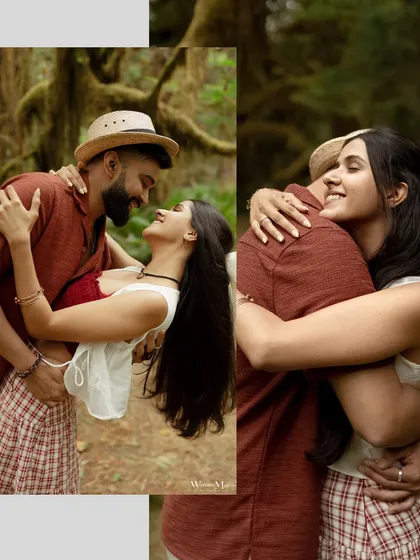 A collage of joyful and intimate moments from an elopement shoot in the rainforest. The images capture the couple's laughter, hugs, and loving glances in a beautiful natural setting.