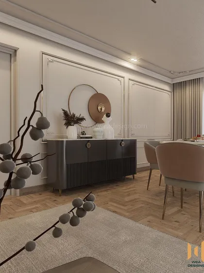 A view of the dining area's crockery unit, which continues the fluted texture and muted color scheme for a cohesive and balanced look.