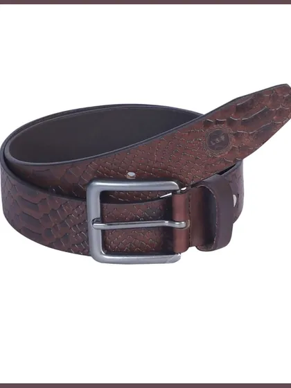 A men's belt with a snakeskin texture, photographed to show the unique pattern and buckle.