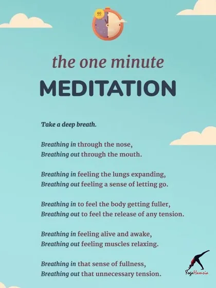 Even one minute can make a difference. This graphic offers a simple one-minute meditation script focused on breathing to release tension and feel more alive and awake. It's a perfect practice for busy moms-to-be.
