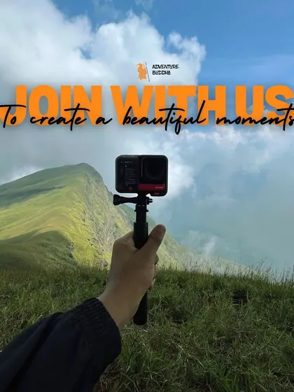 A graphic inviting you to join us and create beautiful moments, with a camera capturing the stunning mountain scenery.