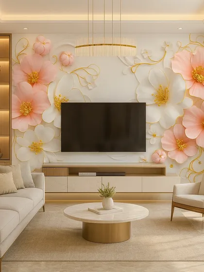 This design showcases soft pink and white 3D flowers with delicate gold vines, creating a dreamy and elegant backdrop for the TV unit. It's a perfect blend of modern and romantic styles.
