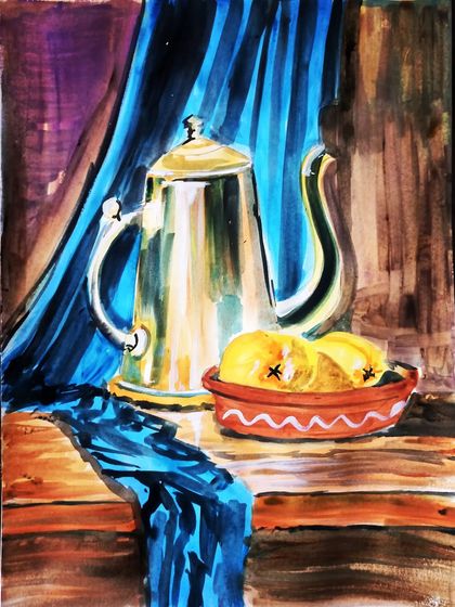 A still life study completed with watercolors. This painting features a metallic pot and a bowl of fruit, focusing on capturing light, shadow, and reflection with transparent washes of color.