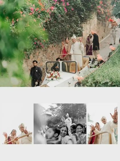A collage of the couple's post-ceremony exit, waving to their guests from a vintage car.