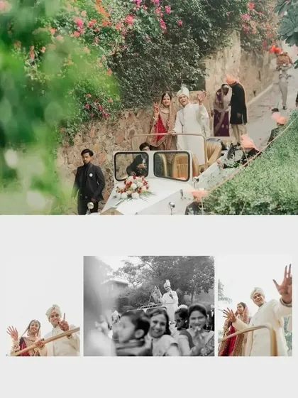 A collage showing the couple's joyful 'vidaai' or departure in a vintage car, surrounded by their loved ones.