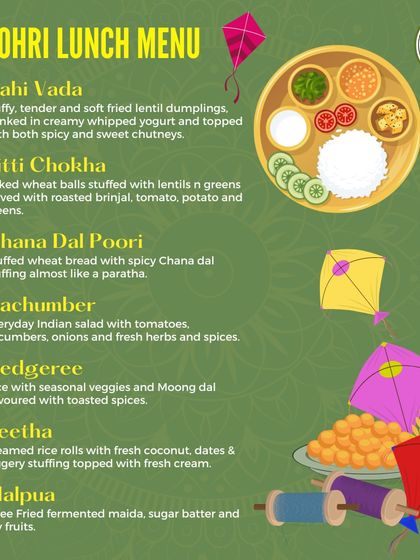 The delicious menu for our Lohri Lunch, featuring traditional favorites like Dahi Vada, Litti Chokha, and Malpua, all made with fresh, farm ingredients.